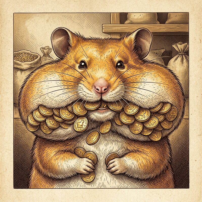 A hamster with cheeks stuffed with gold coins