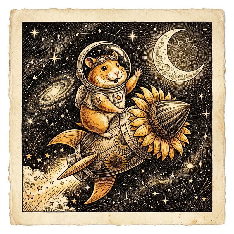 A hamster astronaut riding a sunflower-seed rocket