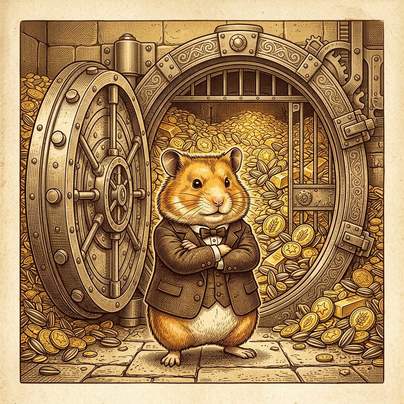 A hamster in a suit guarding a vault of seeds and gold