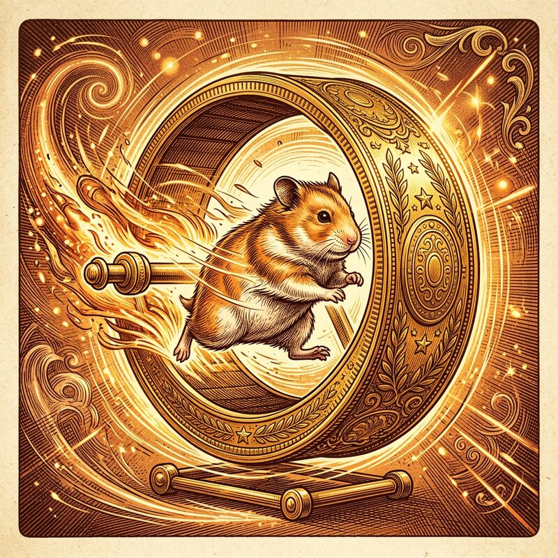 A hamster sprinting on a golden coin wheel