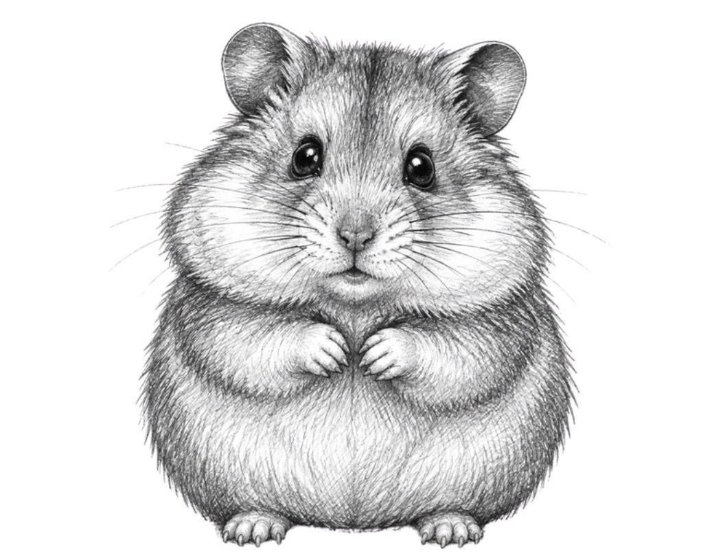 Pencil portrait of Hamster, the Chairman, paws folded